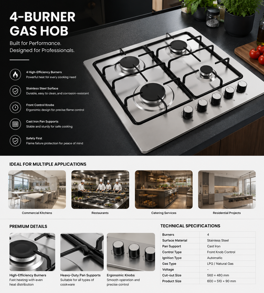 Stainless Steel 4 Burner Built-in Gas Hob | Factory Direct Wholesale 🔥